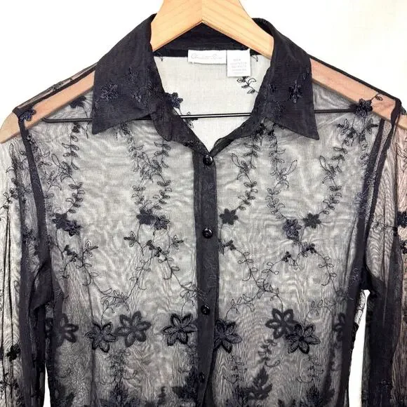 CHARLOTTE RUSSE Mesh Top Womens L Button Down Floral Embroidered Sheer Fairygoth - Picture 2 of 10